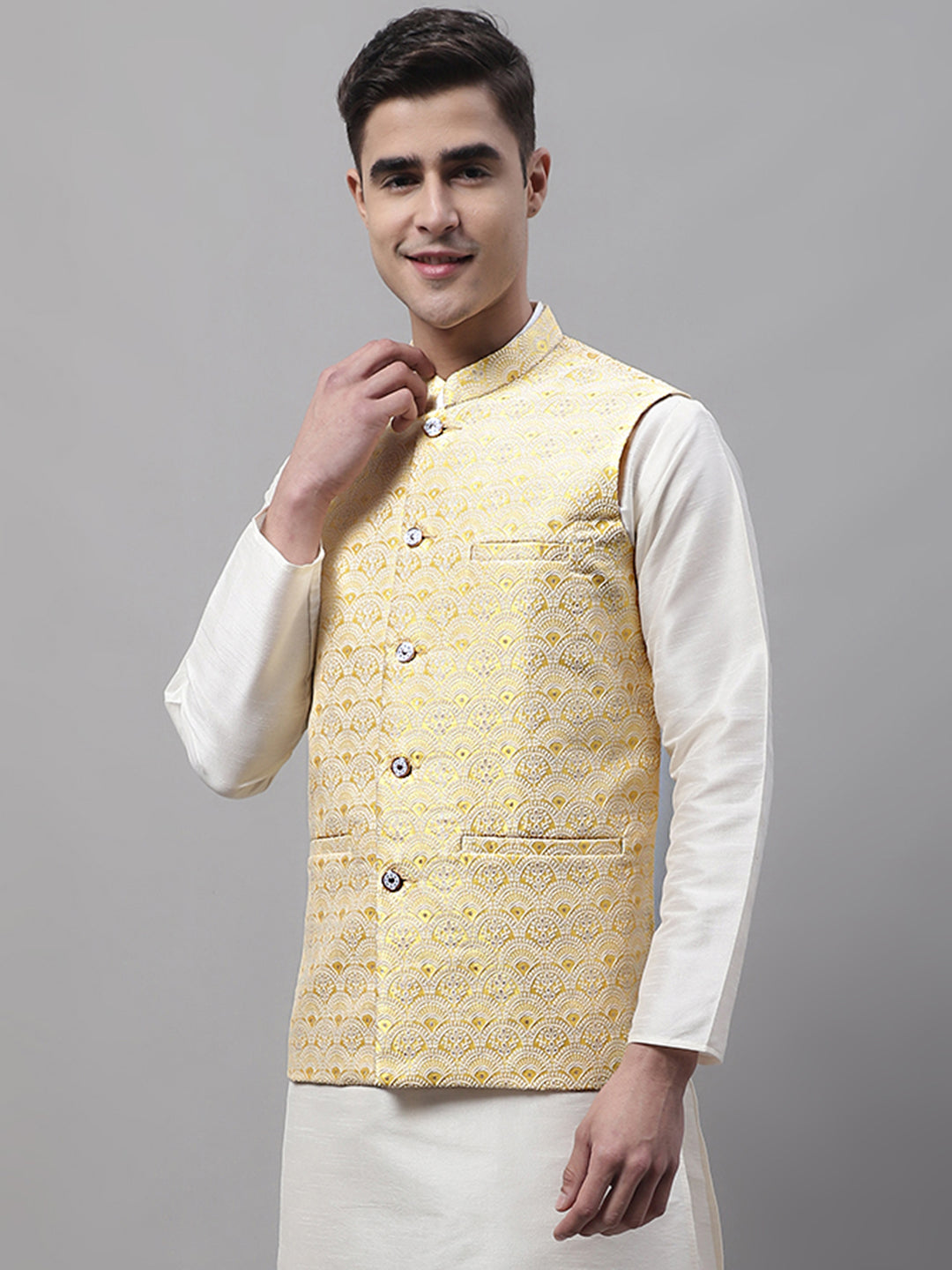 Jompers Men's Yellow and White Woven Design Waistcoats | Grocsy
