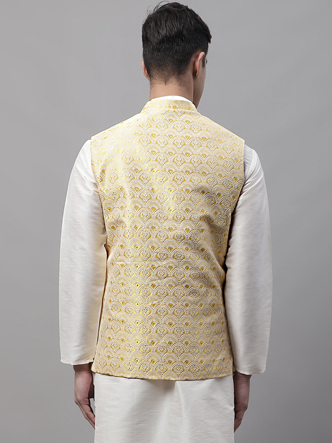 Jompers Men's Yellow and White Woven Design Waistcoats | Grocsy