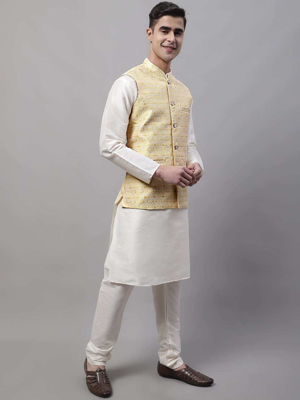 Jompers Men's Yellow and White Woven Design Waistcoats | Grocsy