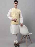 Jompers Men's Yellow and White Woven Design Waistcoats | Grocsy