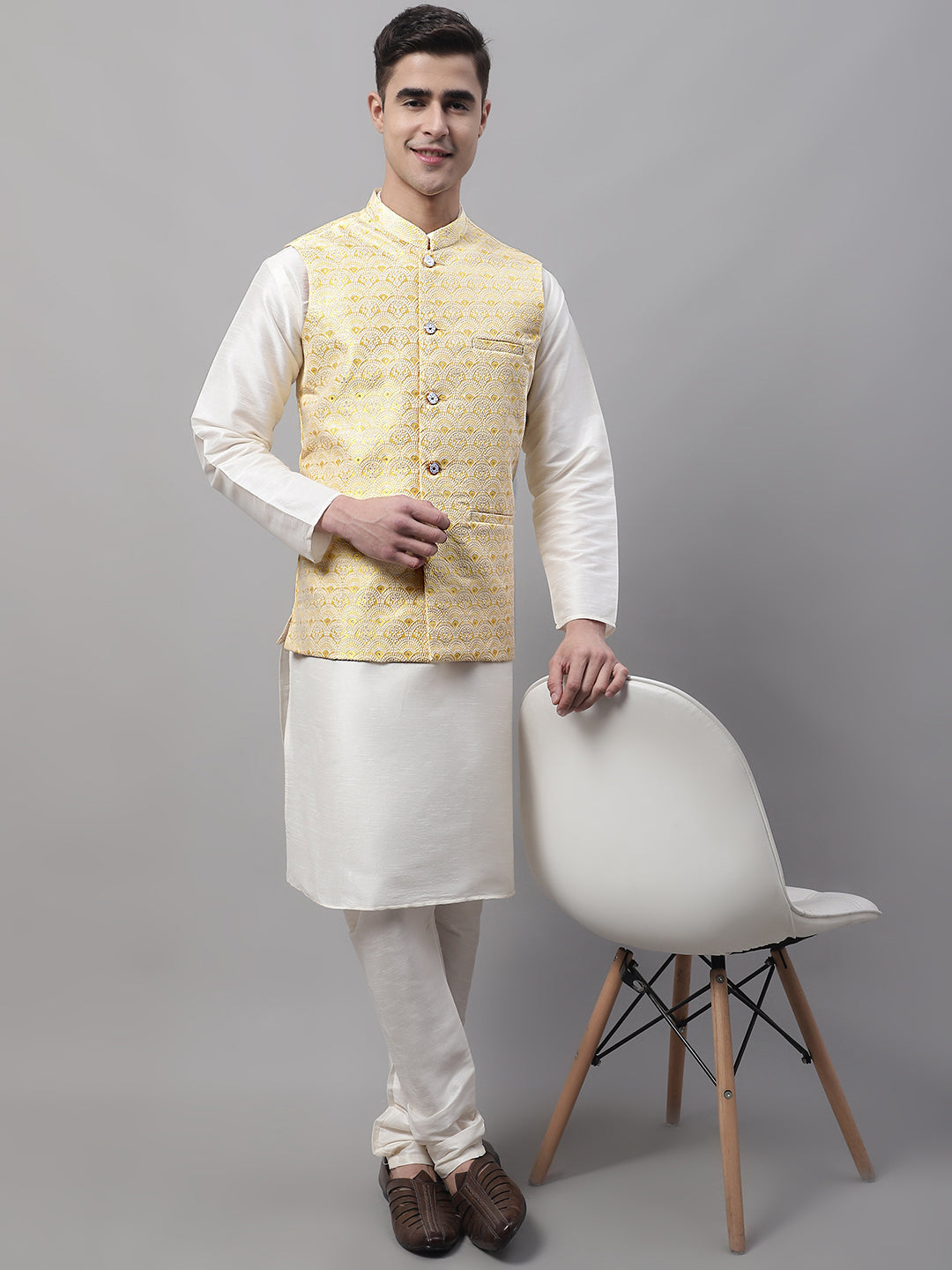 Jompers Men's Yellow and White Woven Design Waistcoats | Grocsy