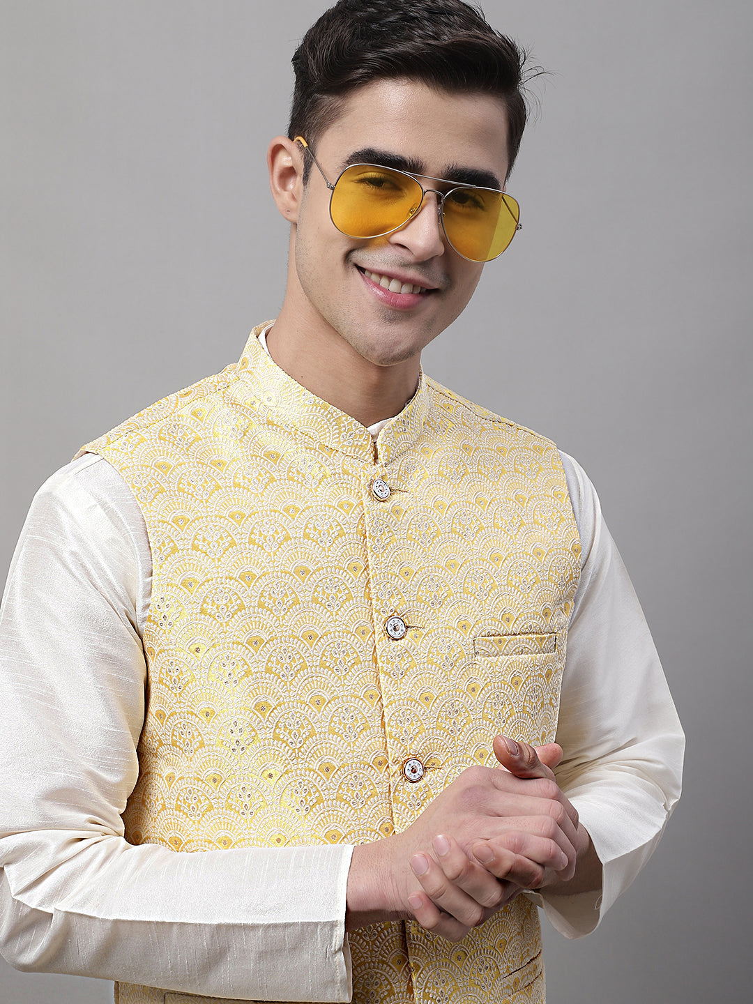 Jompers Men's Yellow and White Woven Design Waistcoats | Grocsy