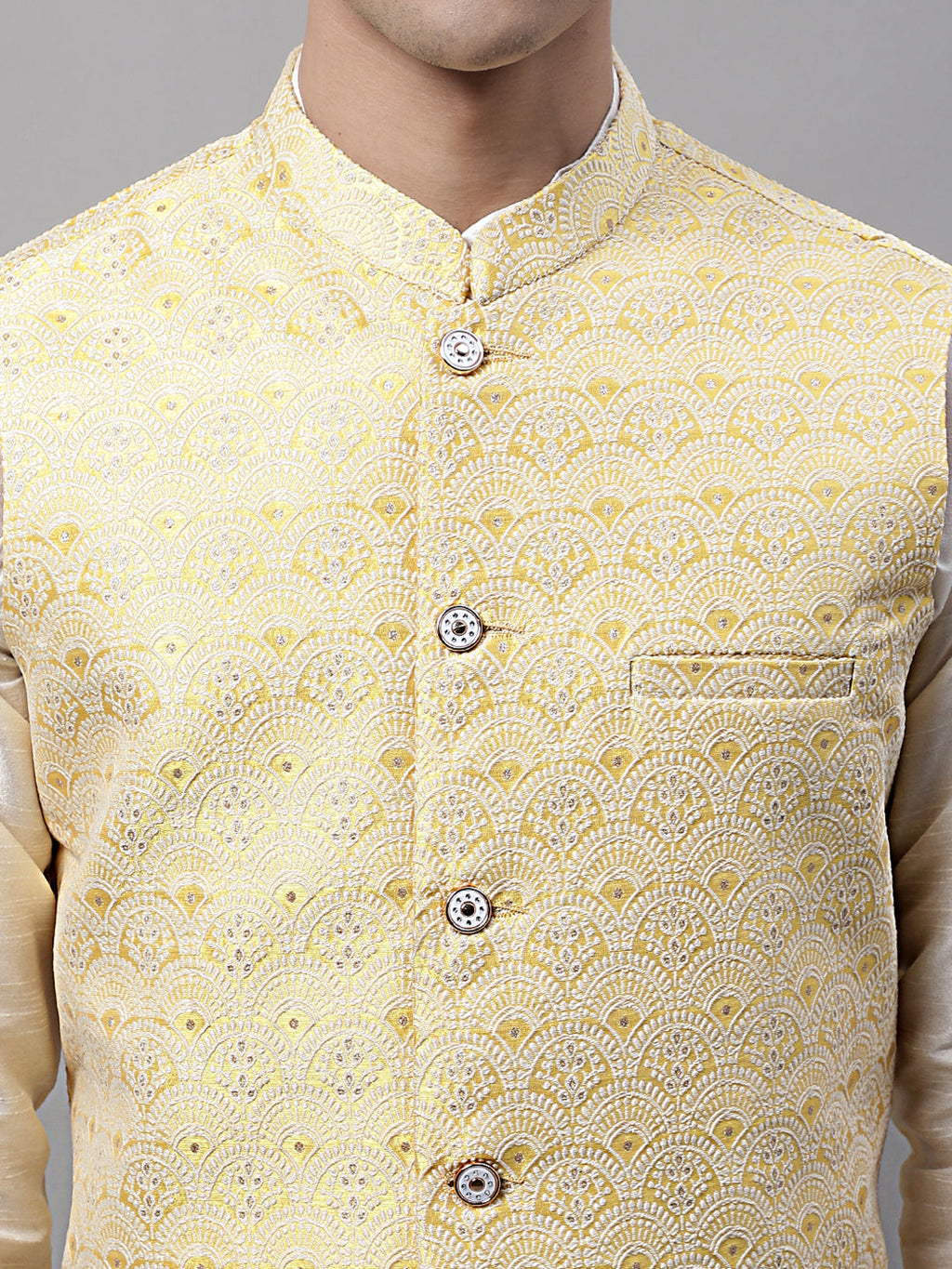 Jompers Men's Yellow and White Woven Design Waistcoats | Grocsy