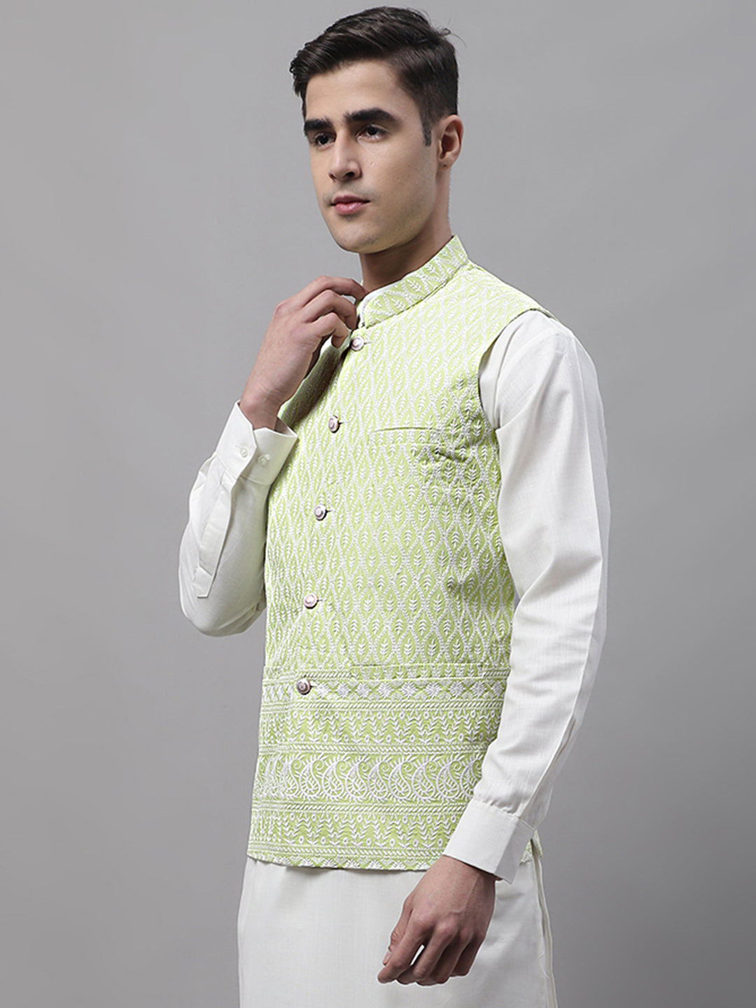 Jompers Men's Green and White Embroidered Waistcoats | Grocsy