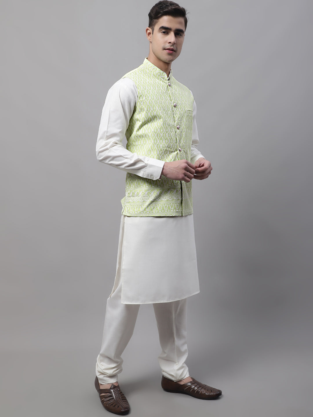 Jompers Men's Green and White Embroidered Waistcoats | Grocsy