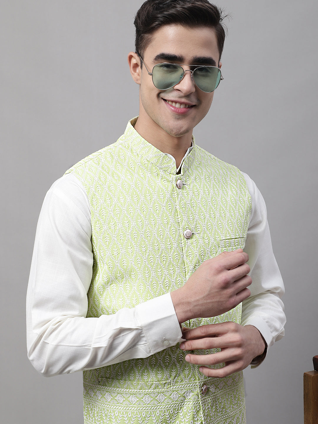 Jompers Men's Green and White Embroidered Waistcoats | Grocsy
