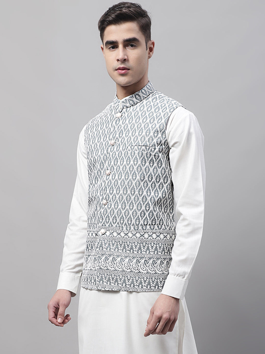 Jompers Men's Grey and White Embroidered Waistcoats | Grocsy