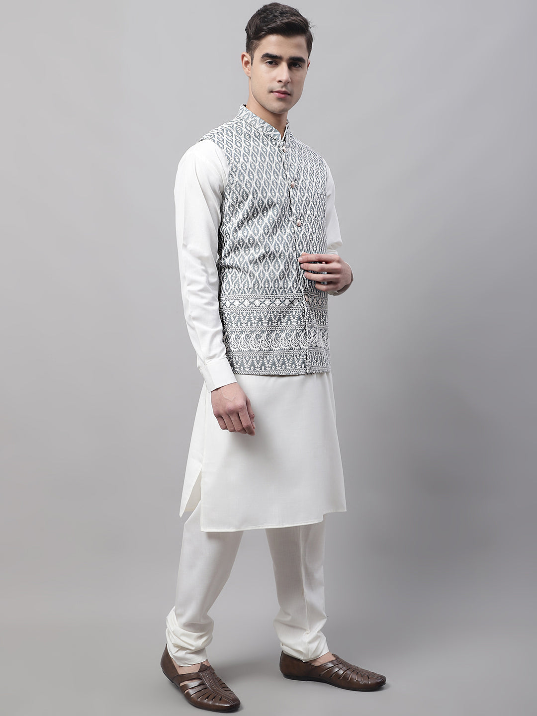 Jompers Men's Grey and White Embroidered Waistcoats | Grocsy