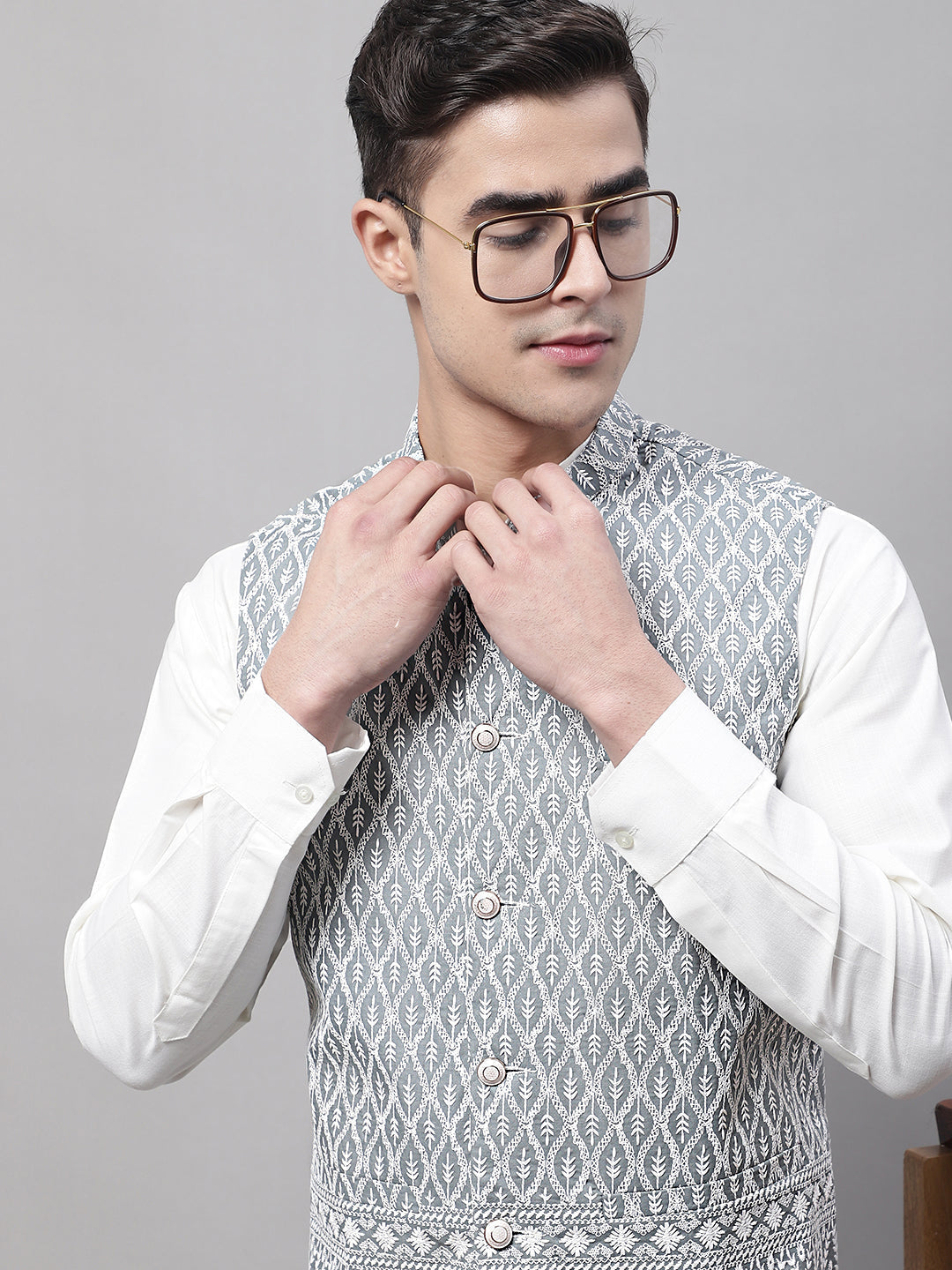 Jompers Men's Grey and White Embroidered Waistcoats | Grocsy