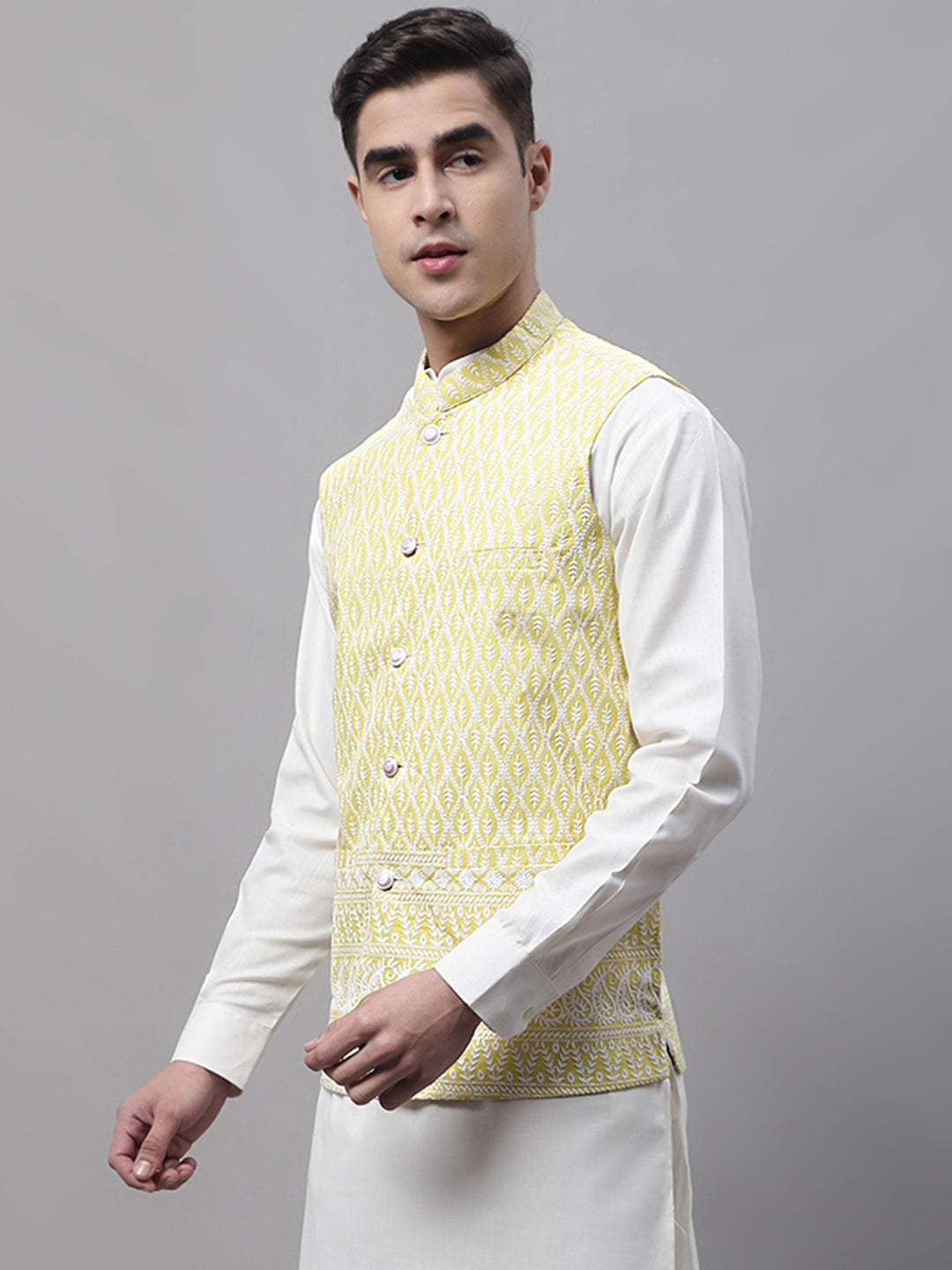 Jompers Men's Yellow and White Embroidered Waistcoats | Grocsy