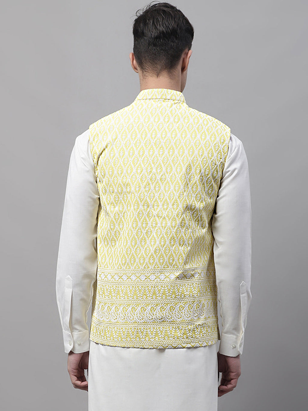 Jompers Men's Yellow and White Embroidered Waistcoats | Grocsy