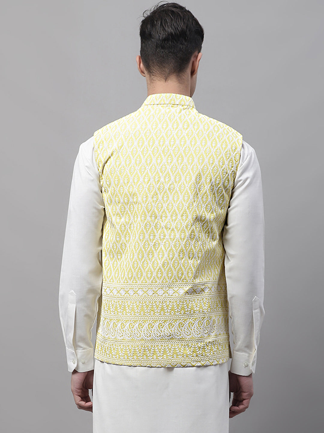 Jompers Men's Yellow and White Embroidered Waistcoats | Grocsy