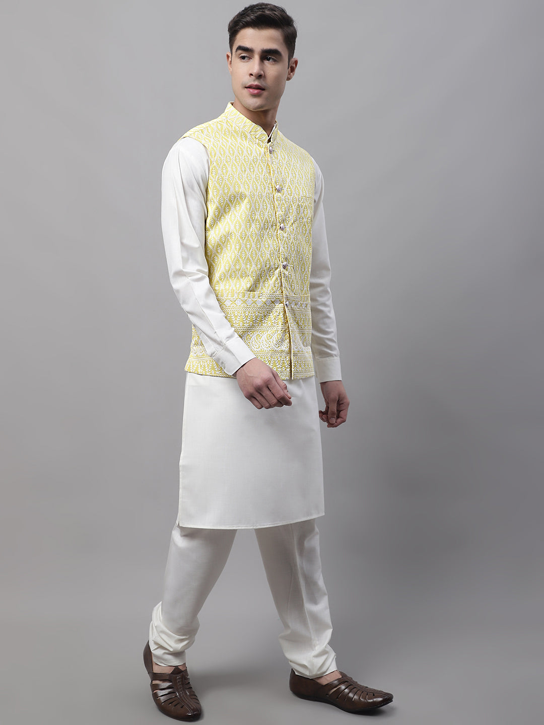 Jompers Men's Yellow and White Embroidered Waistcoats | Grocsy
