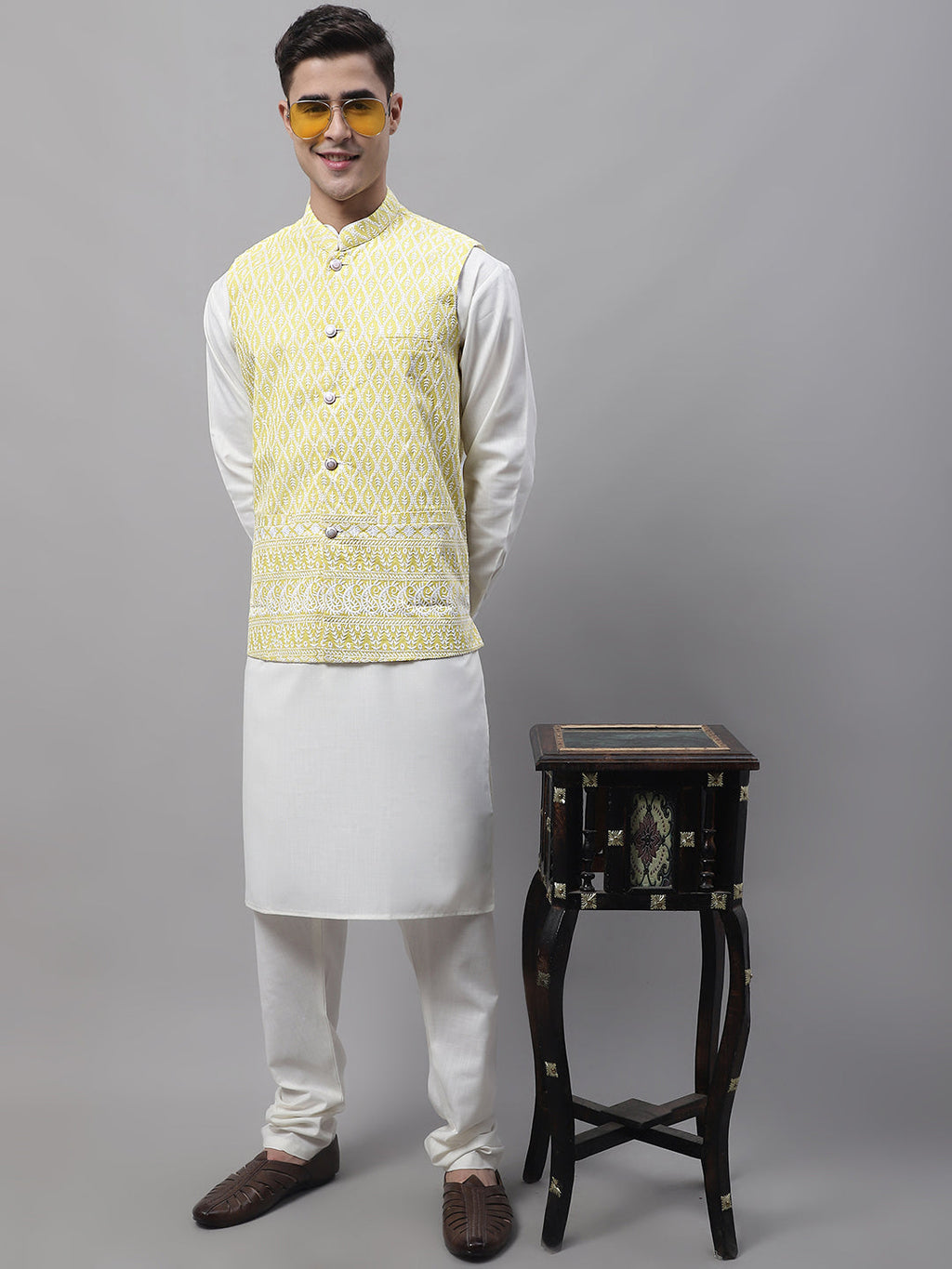 Jompers Men's Yellow and White Embroidered Waistcoats | Grocsy