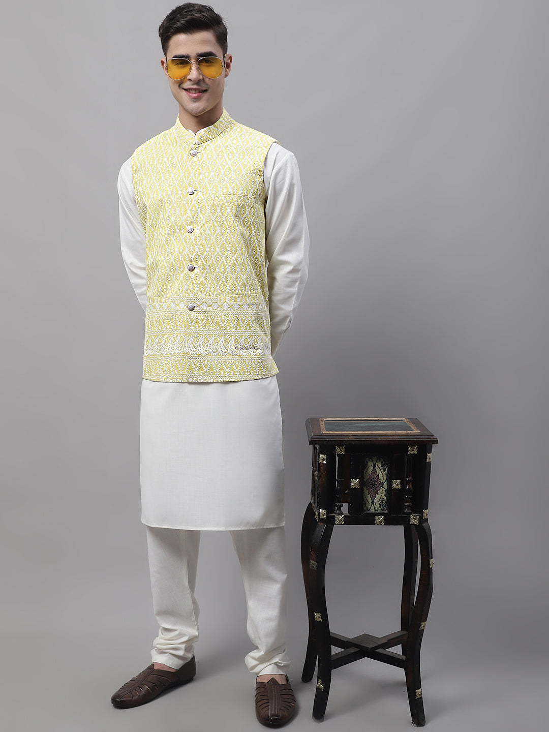 Jompers Men's Yellow and White Embroidered Waistcoats | Grocsy