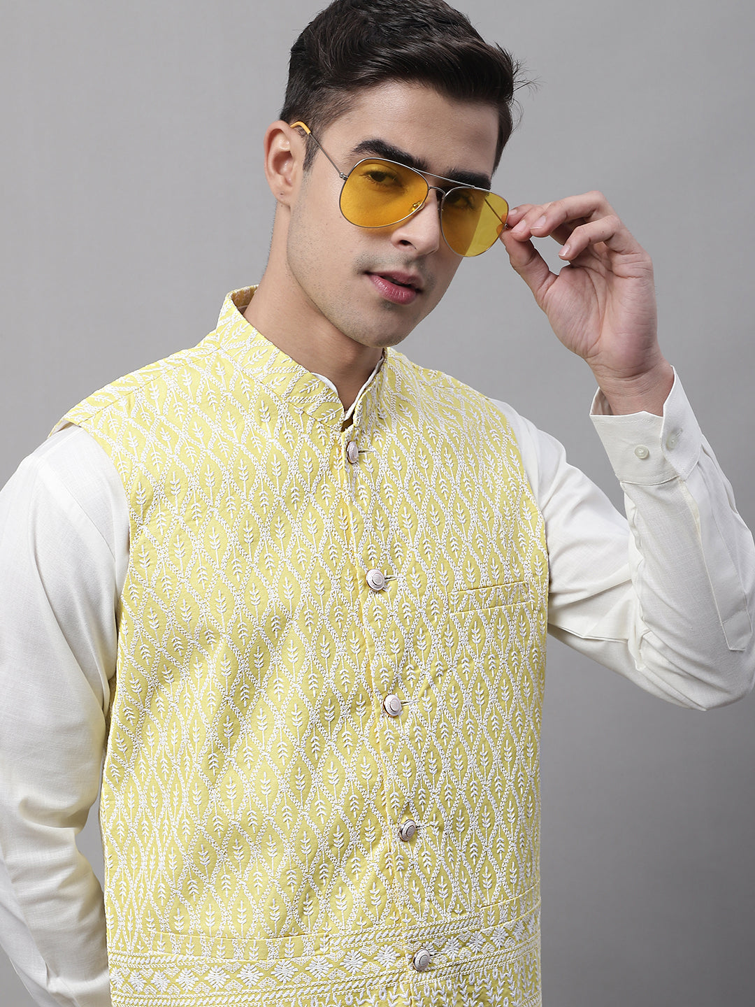 Jompers Men's Yellow and White Embroidered Waistcoats | Grocsy