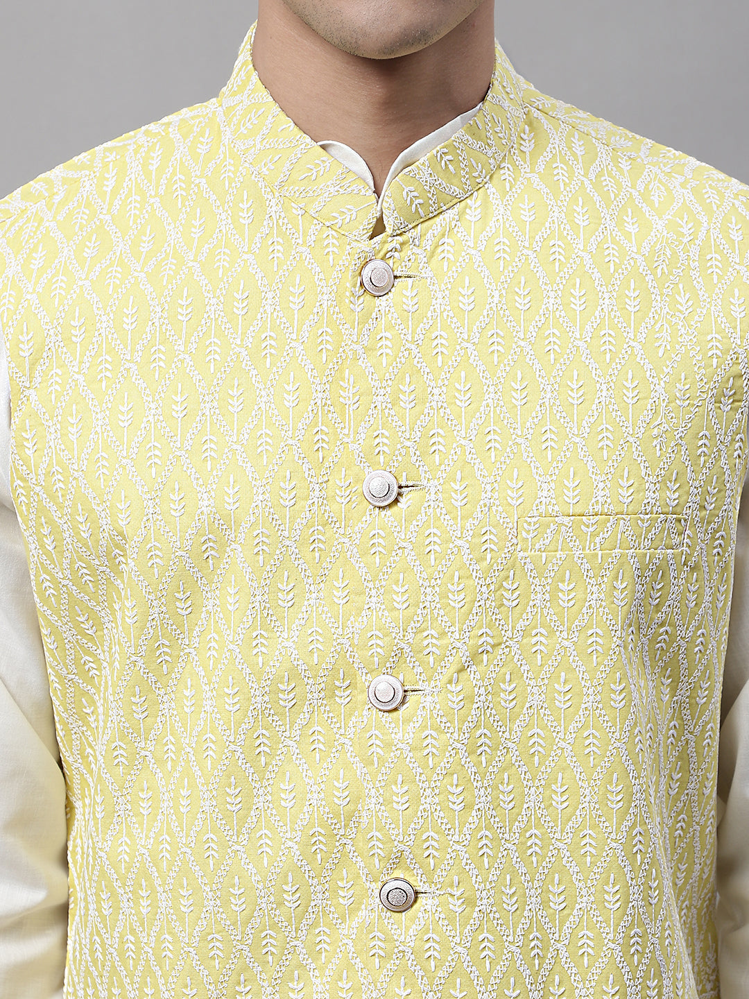 Jompers Men's Yellow and White Embroidered Waistcoats | Grocsy