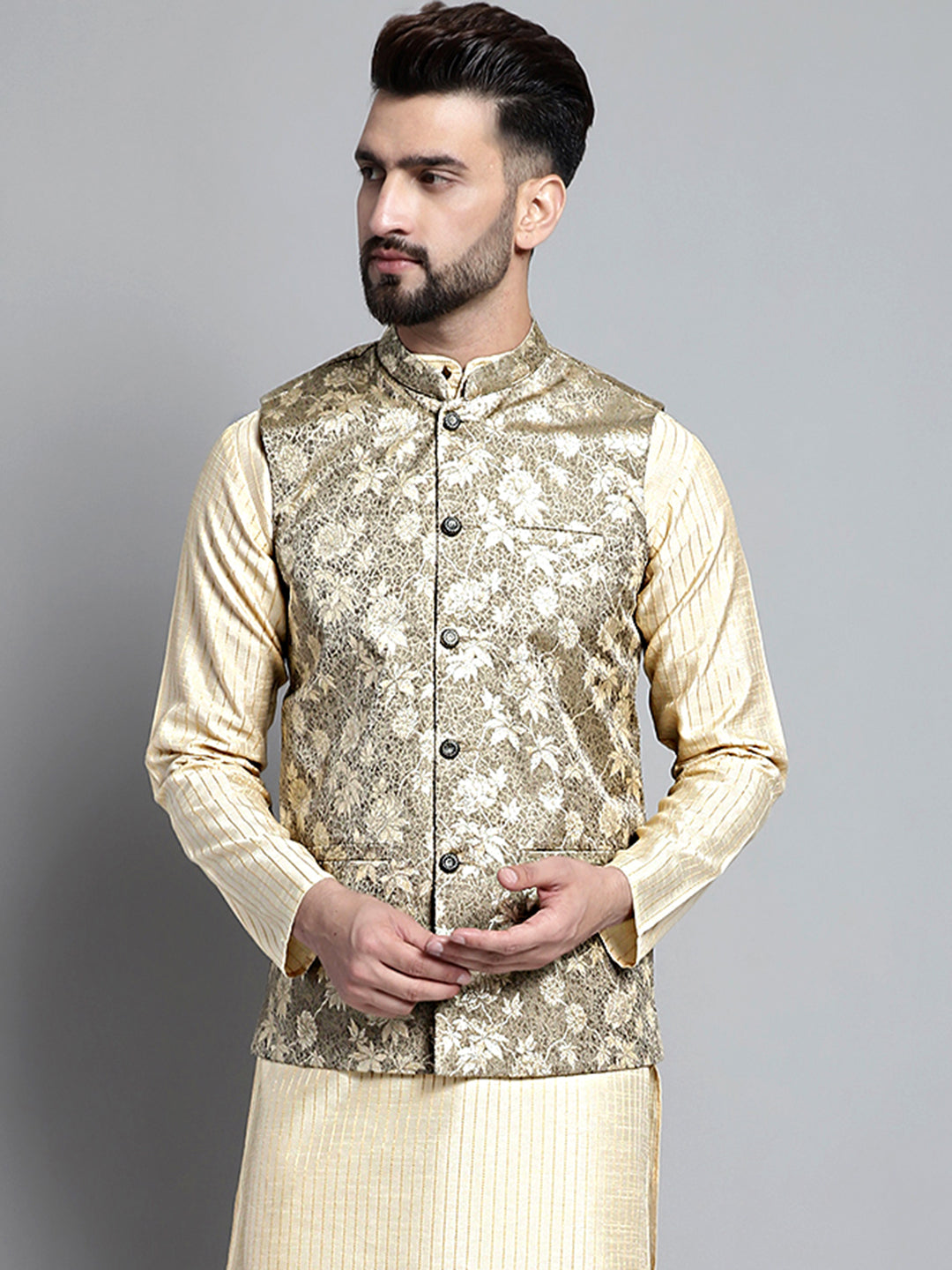 Jompers Men's Woven Design Nehru Jacket - Beige | Grocsy