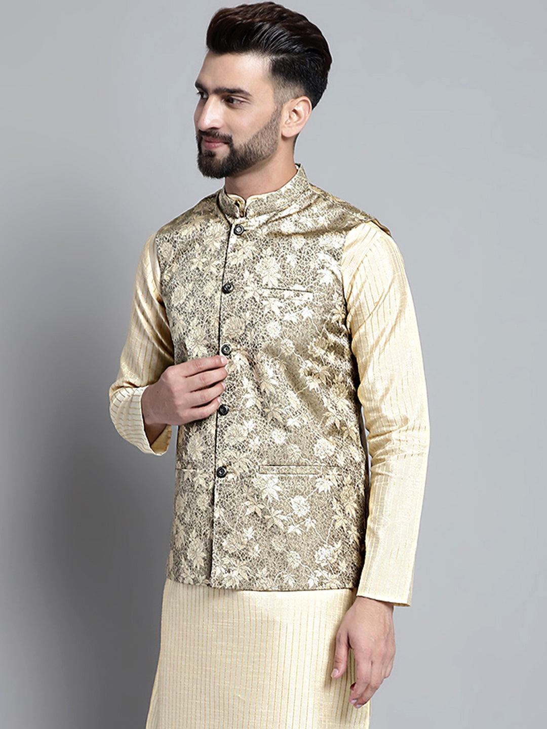 Jompers Men's Woven Design Nehru Jacket - Beige | Grocsy