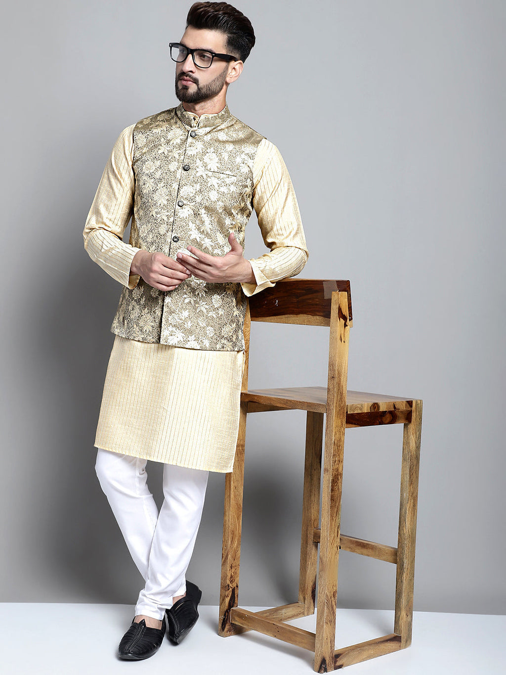 Jompers Men's Woven Design Nehru Jacket - Beige | Grocsy