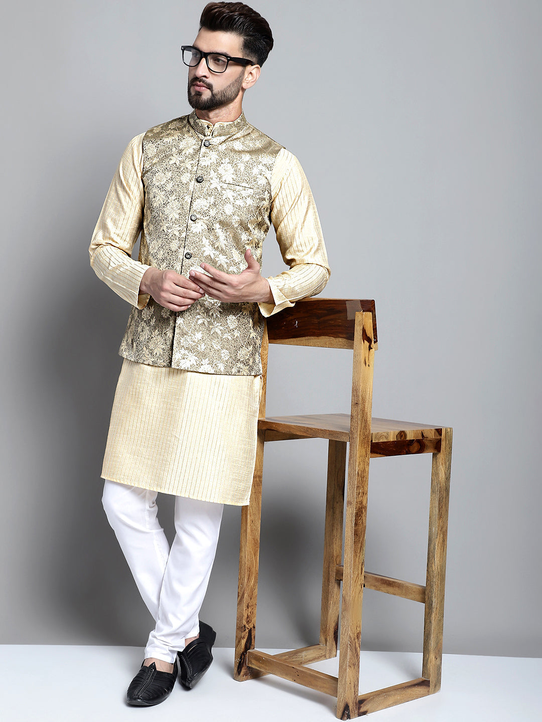 Jompers Men's Woven Design Nehru Jacket - Beige | Grocsy