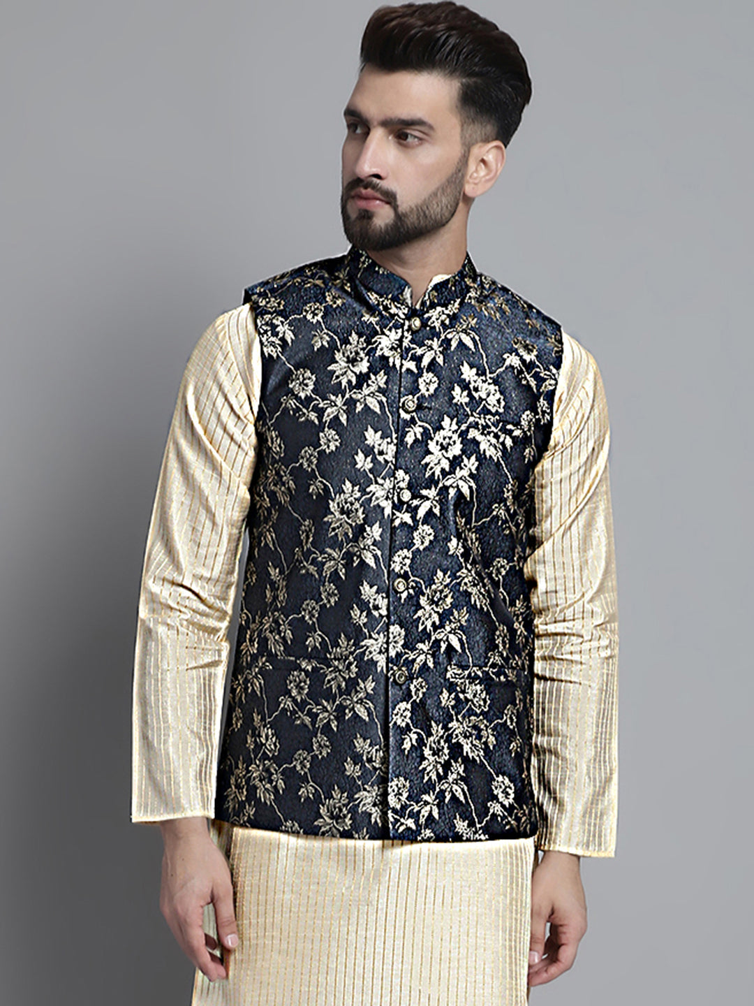 Jompers Men's Woven Design Nehru Jacket - Grey | Grocsy
