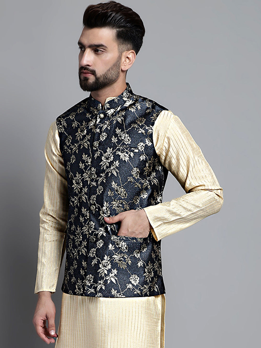 Jompers Men's Woven Design Nehru Jacket - Grey | Grocsy