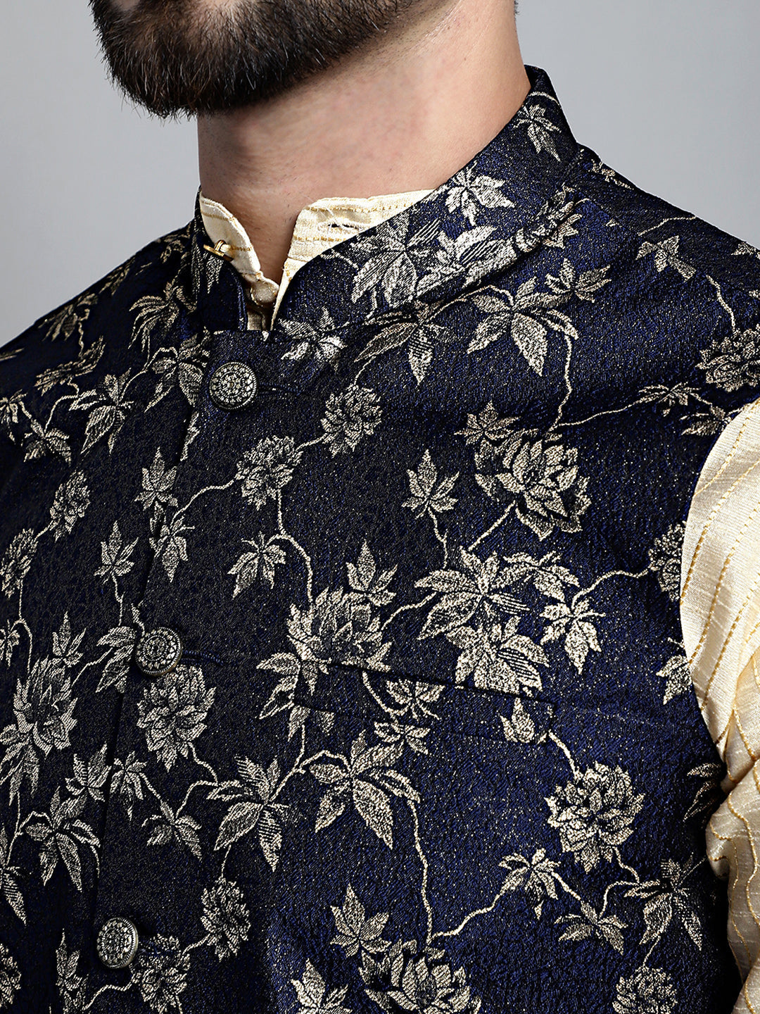 Jompers Men's Woven Design Nehru Jacket - Navy Blue | Grocsy