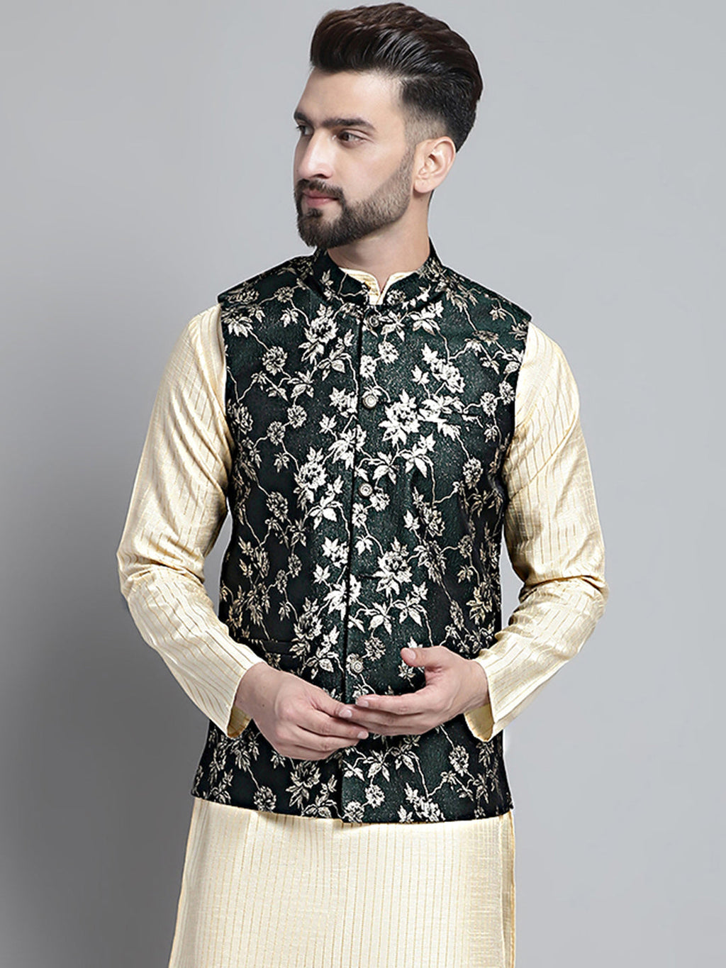 Jompers Men's Woven Design Nehru Jacket - Olive | Grocsy