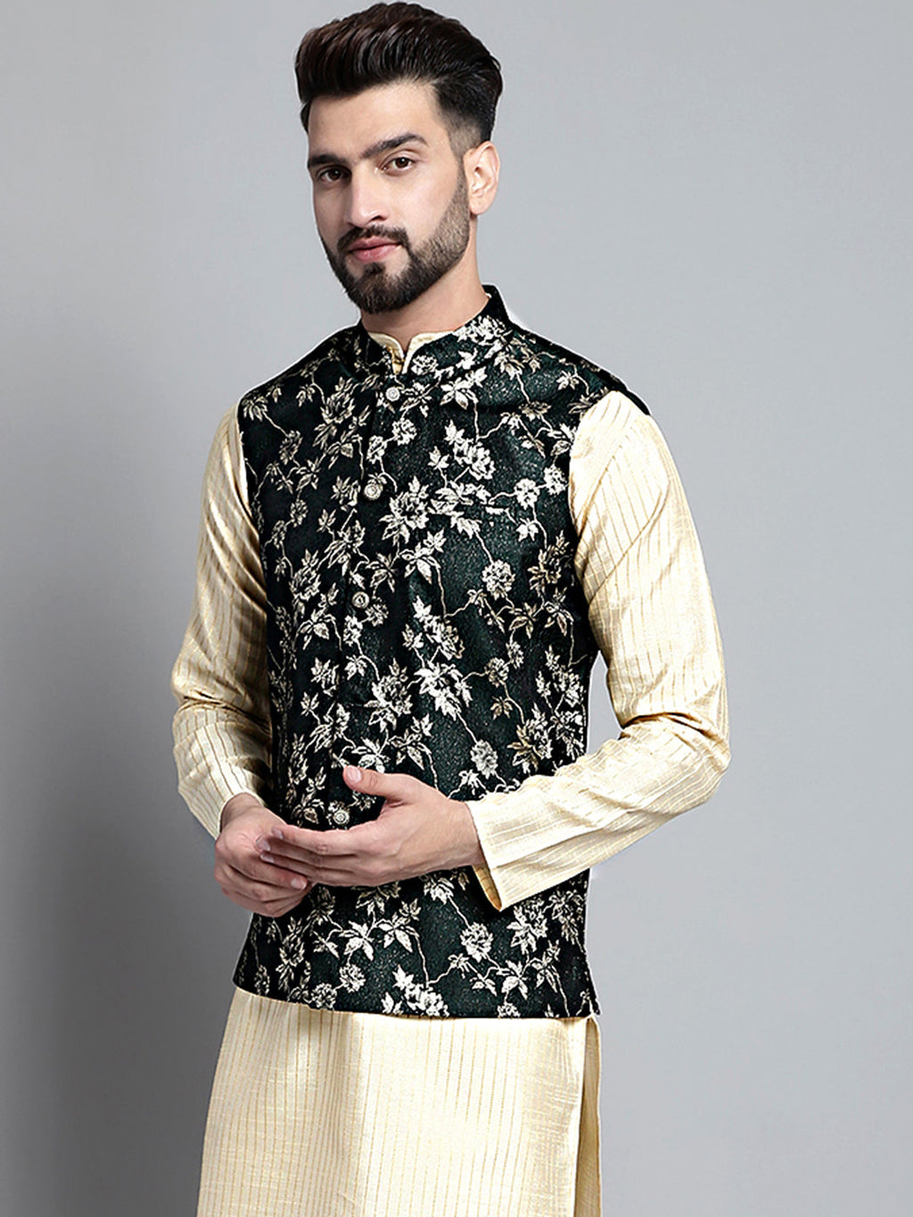 Jompers Men's Woven Design Nehru Jacket - Olive | Grocsy