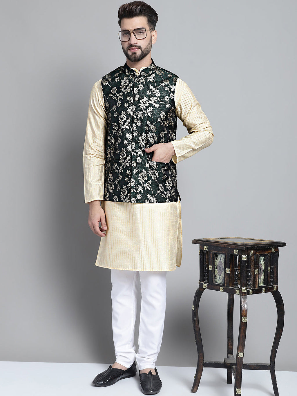 Jompers Men's Woven Design Nehru Jacket - Olive | Grocsy