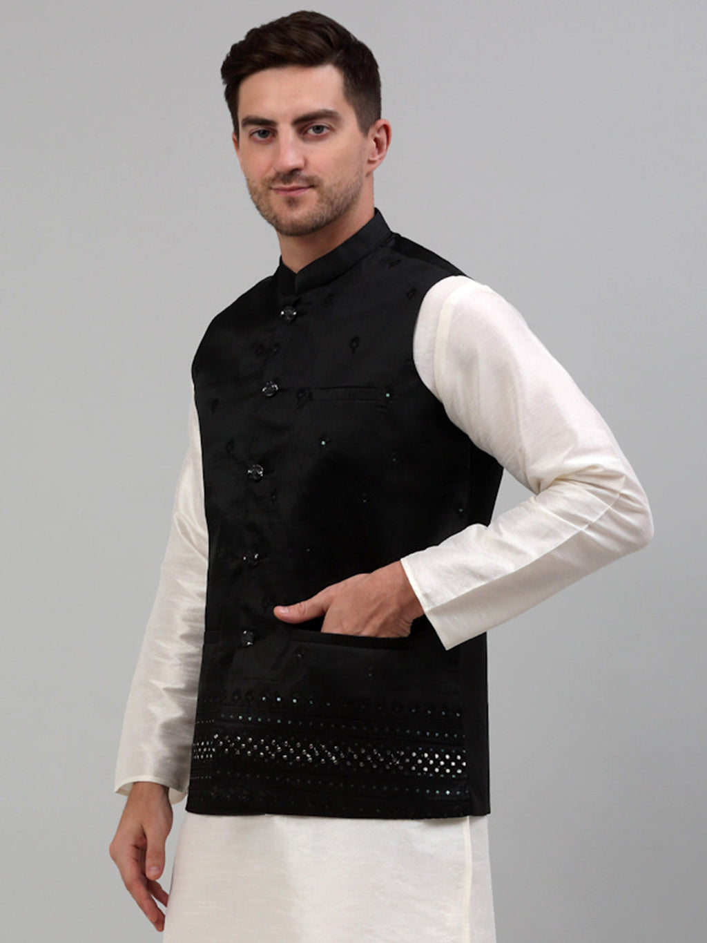 Jompers Men's Embroidered Nehru Jacket - Black | Grocsy