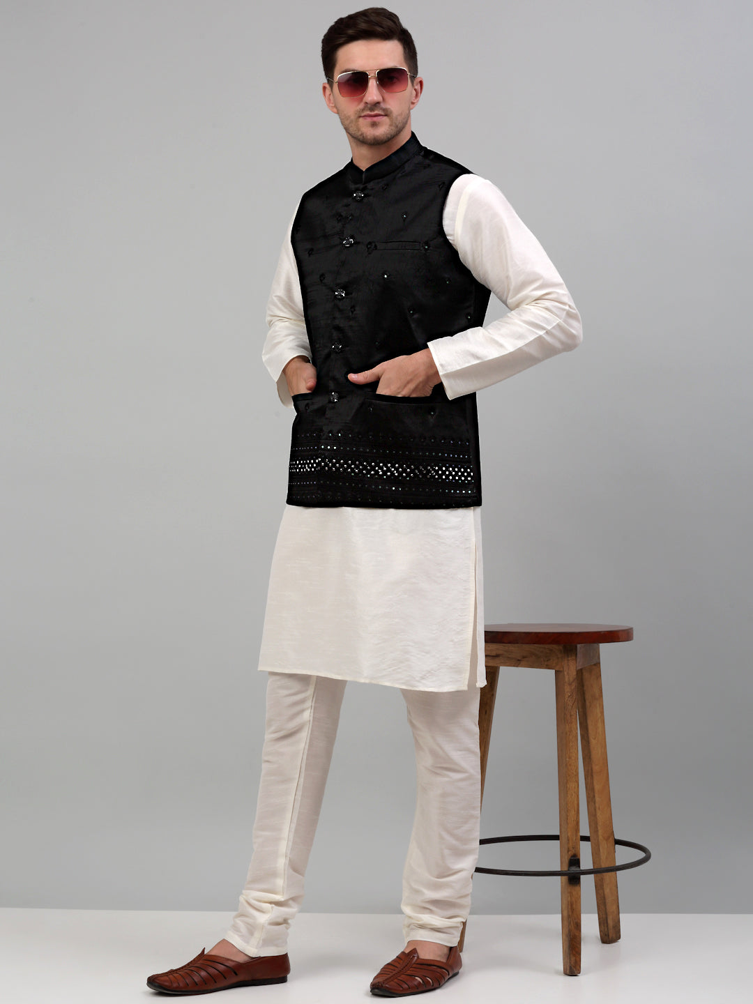 Jompers Men's Embroidered Nehru Jacket - Black | Grocsy