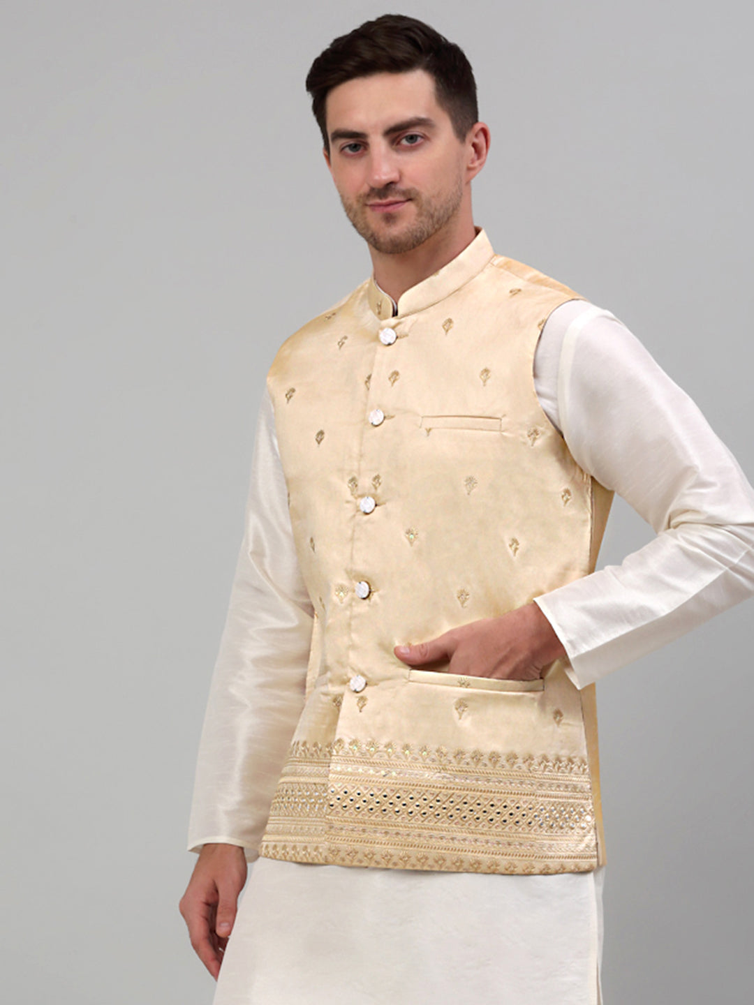 Jompers Men's Embroidered Nehru Jacket - Golden | Grocsy