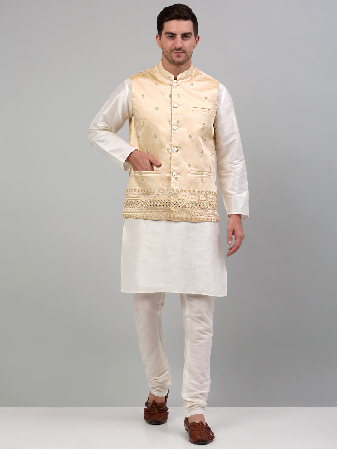 Jompers Men's Embroidered Nehru Jacket - Golden | Grocsy