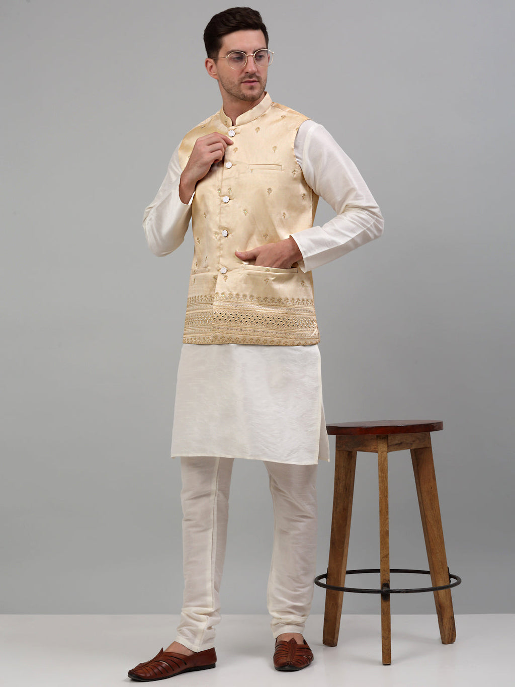 Jompers Men's Embroidered Nehru Jacket - Golden | Grocsy