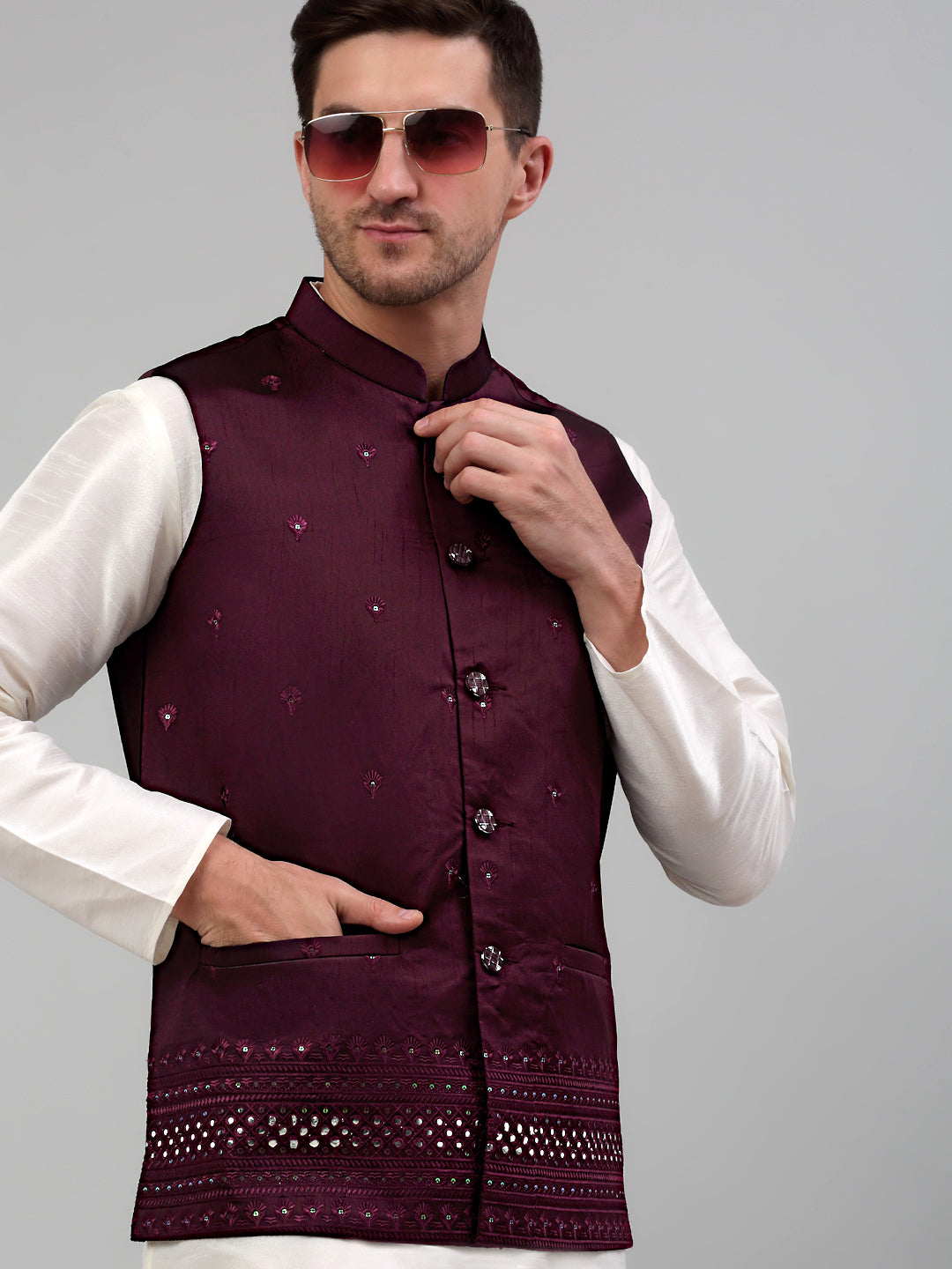 Jompers Men's Embroidered Nehru Jacket - Purple | Grocsy