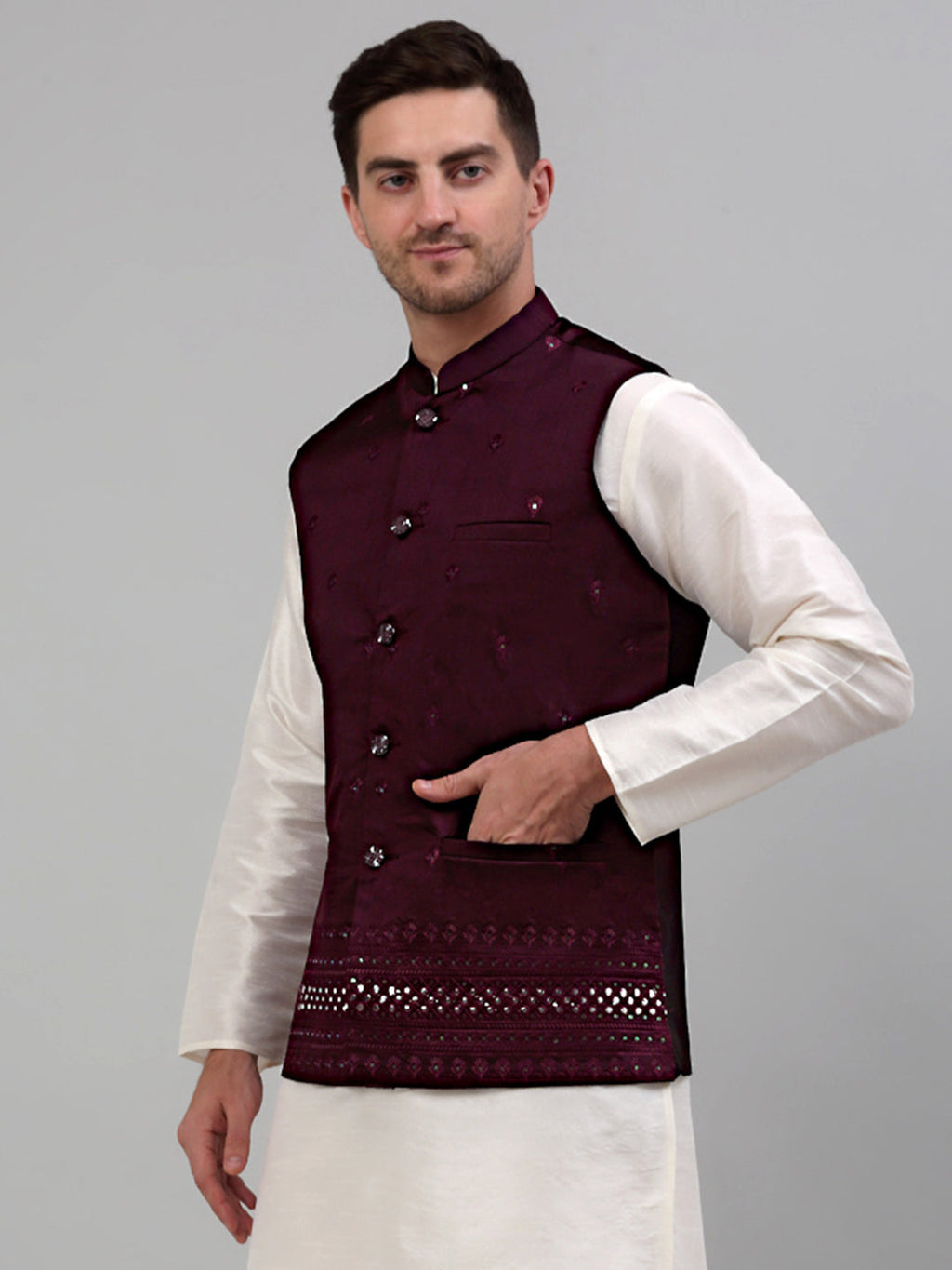 Jompers Men's Embroidered Nehru Jacket - Purple | Grocsy