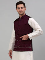 Jompers Men's Embroidered Nehru Jacket - Purple | Grocsy