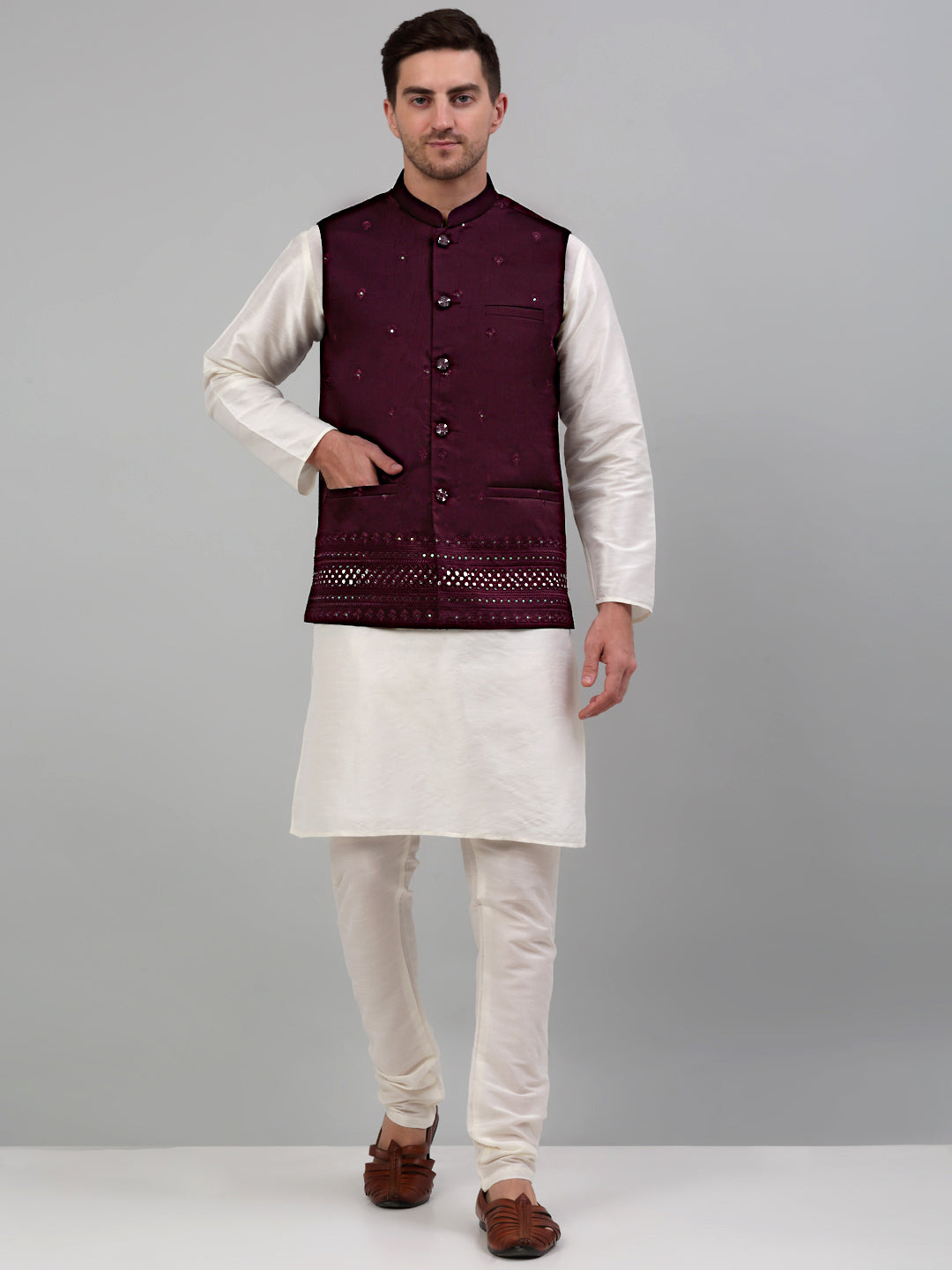 Jompers Men's Embroidered Nehru Jacket - Purple | Grocsy