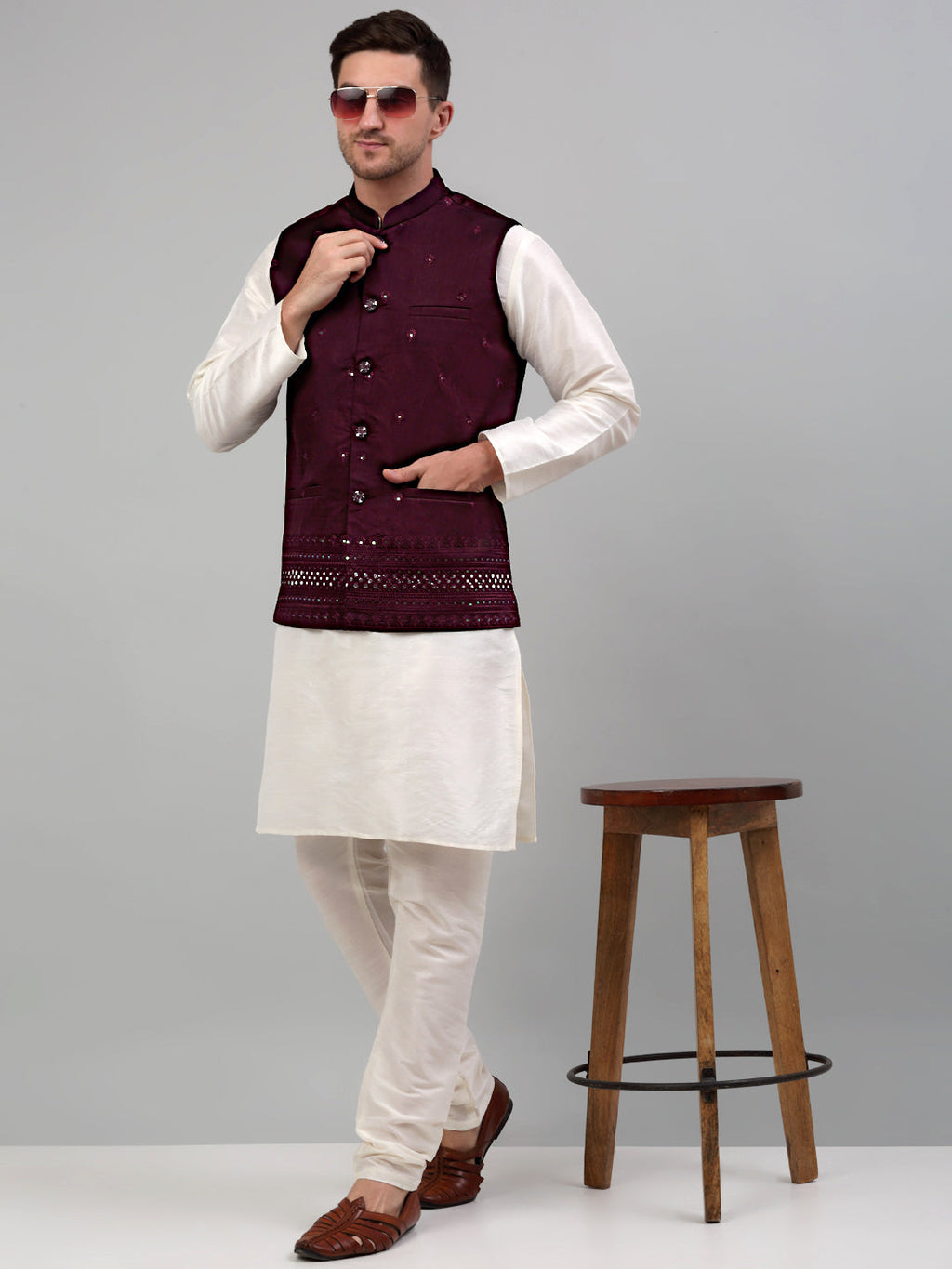 Jompers Men's Embroidered Nehru Jacket - Purple | Grocsy
