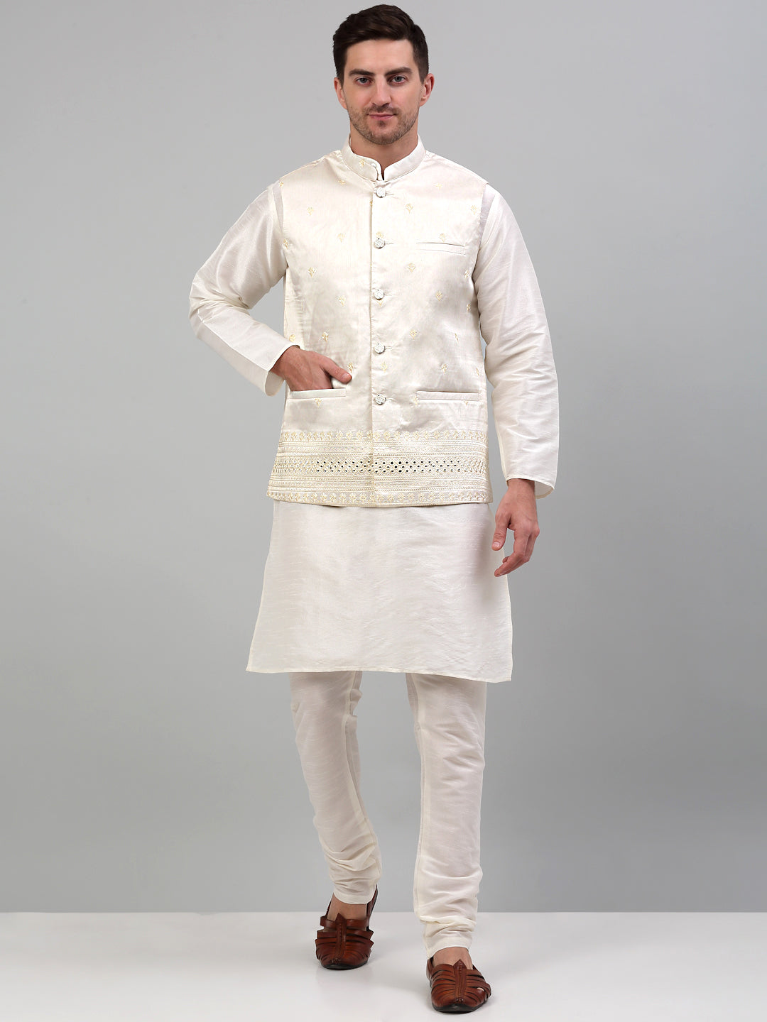 Jompers Men's Embroidered Nehru Jacket - White | Grocsy