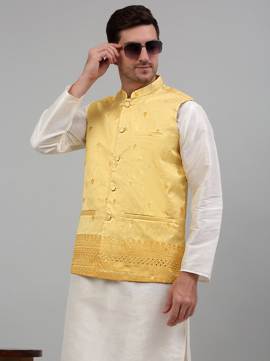 Jompers Men's Embroidered Nehru Jacket - Yellow | Grocsy