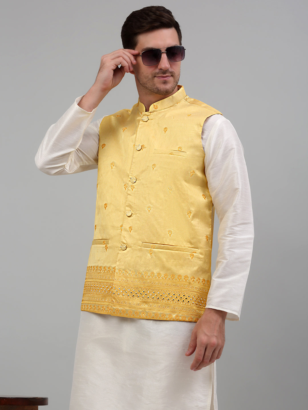Jompers Men's Embroidered Nehru Jacket - Yellow | Grocsy