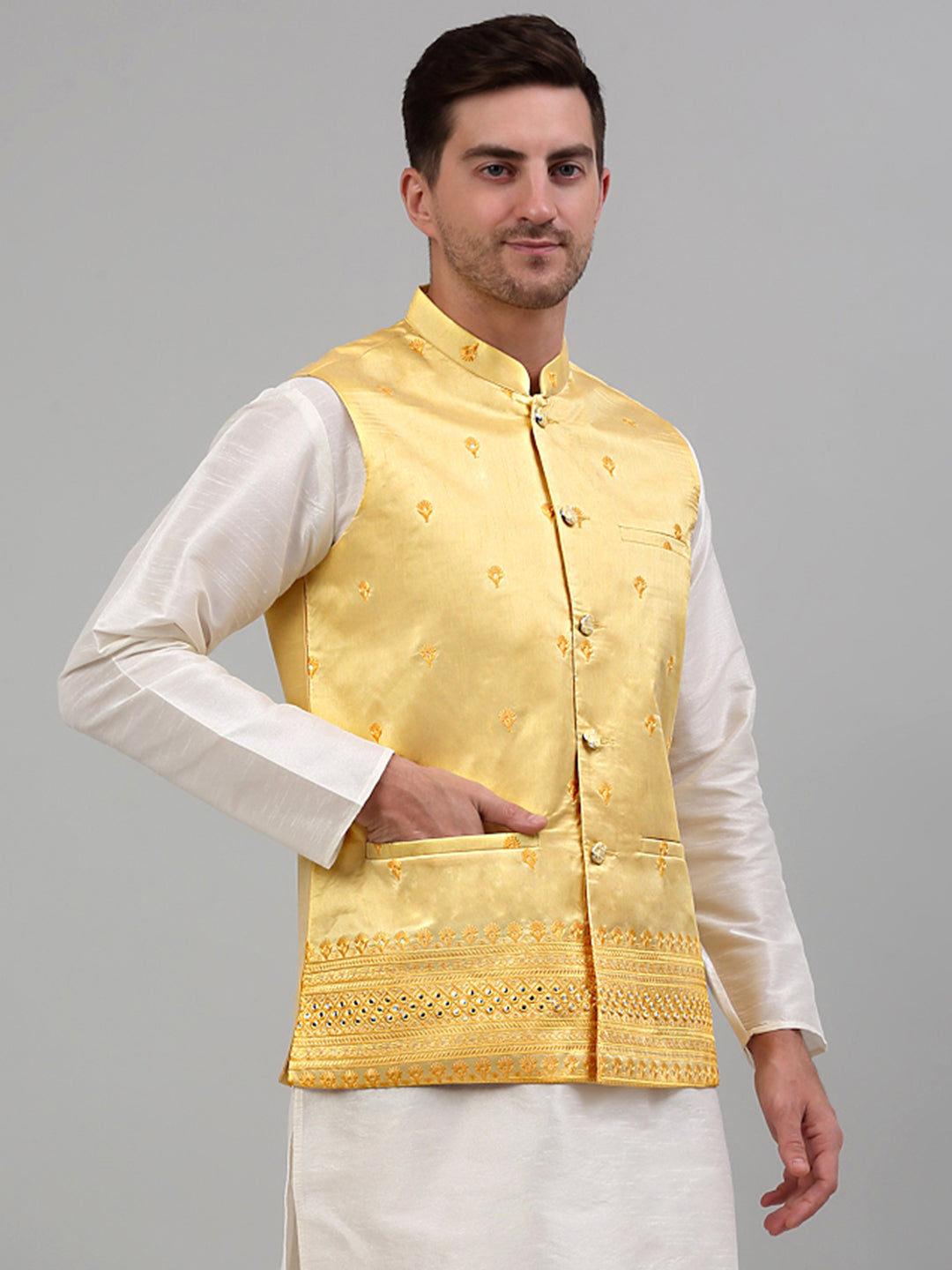 Jompers Men's Embroidered Nehru Jacket - Yellow | Grocsy