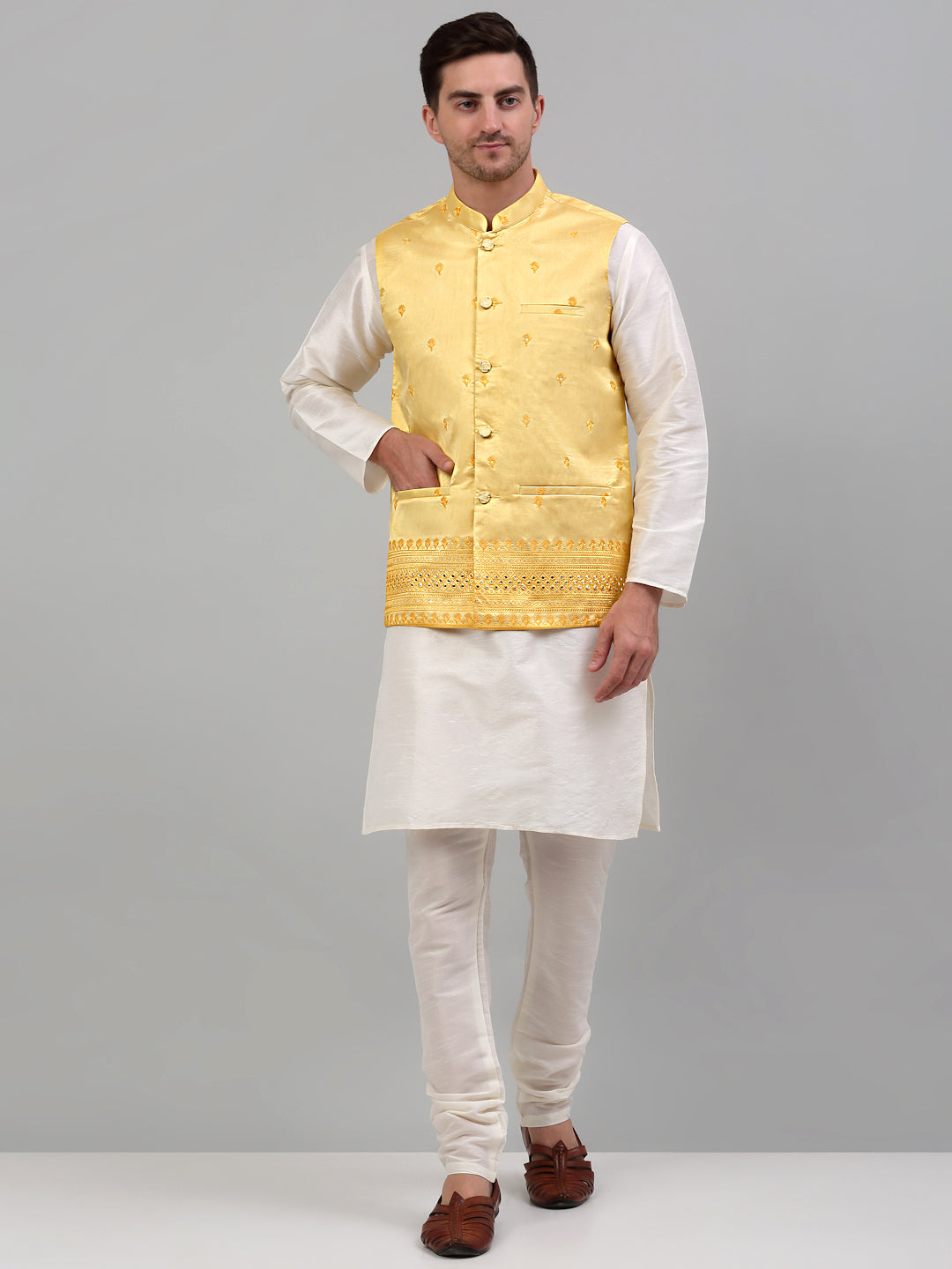 Jompers Men's Embroidered Nehru Jacket - Yellow | Grocsy