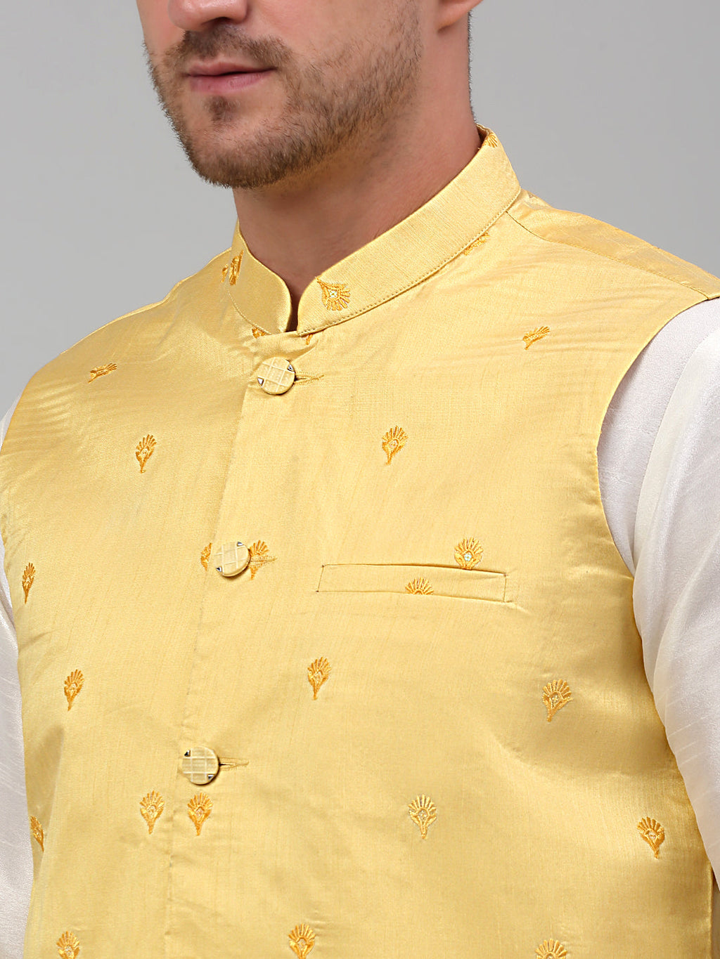 Jompers Men's Embroidered Nehru Jacket - Yellow | Grocsy