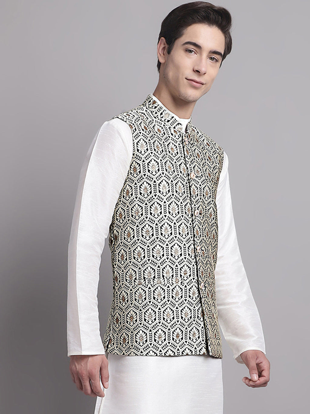 Jompers Men's Black and Silver Woven Design Nehru Jacket | Grocsy