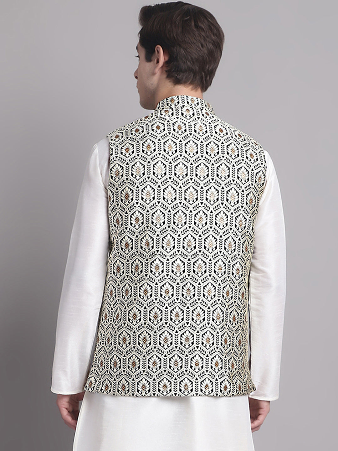 Jompers Men's Black and Silver Woven Design Nehru Jacket | Grocsy