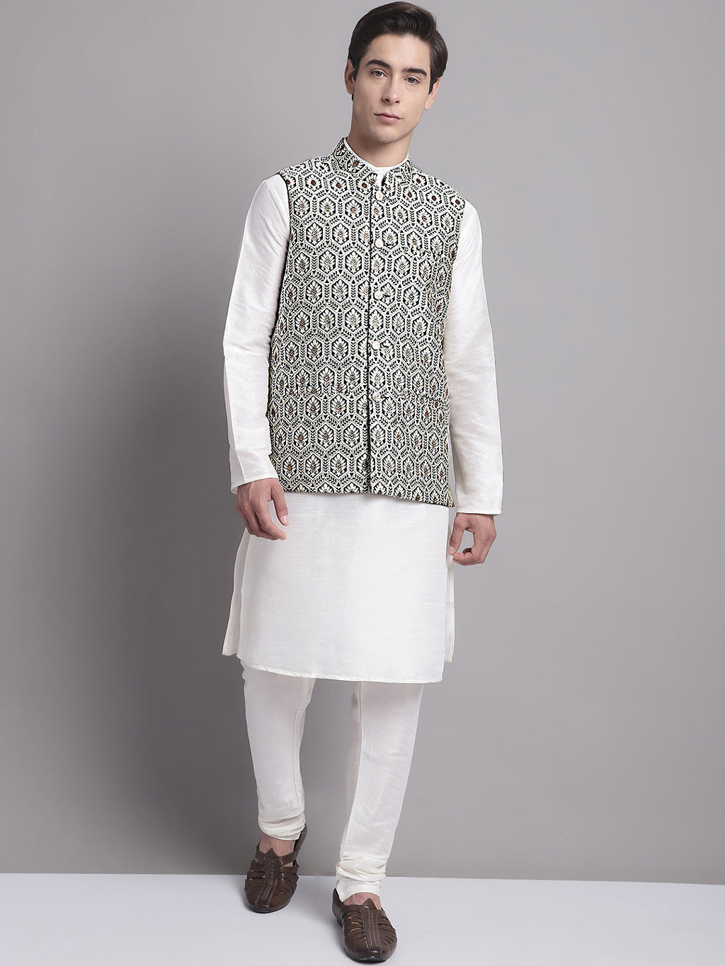 Jompers Men's Black and Silver Woven Design Nehru Jacket | Grocsy